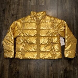 Time & Tru Women's L Retro Inspired  Puffer Jacket Metallic Gold Warm Glam Party